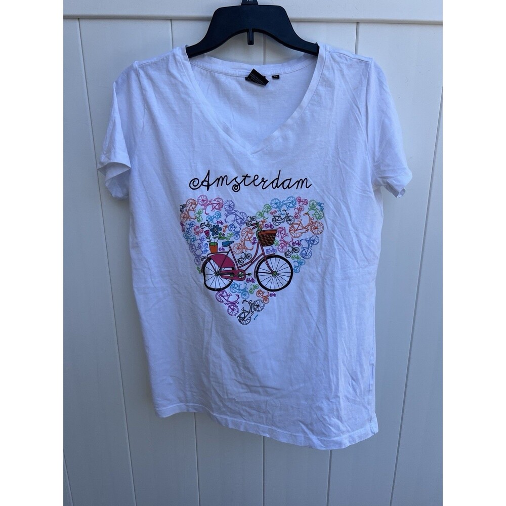 Amsterdam T Shirt Women's XL White Floral V Neck Short Sleeve Fox Originals